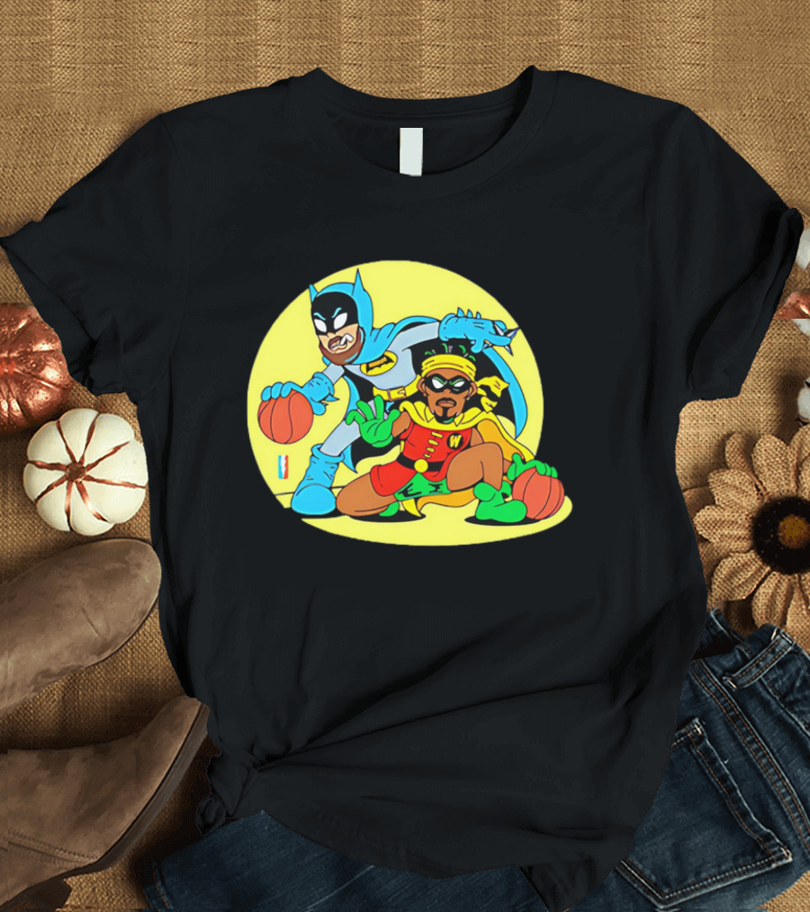 Batman and Robin Warriors Basketball Cartoon Crossover with Superhero Style T-Shirt
