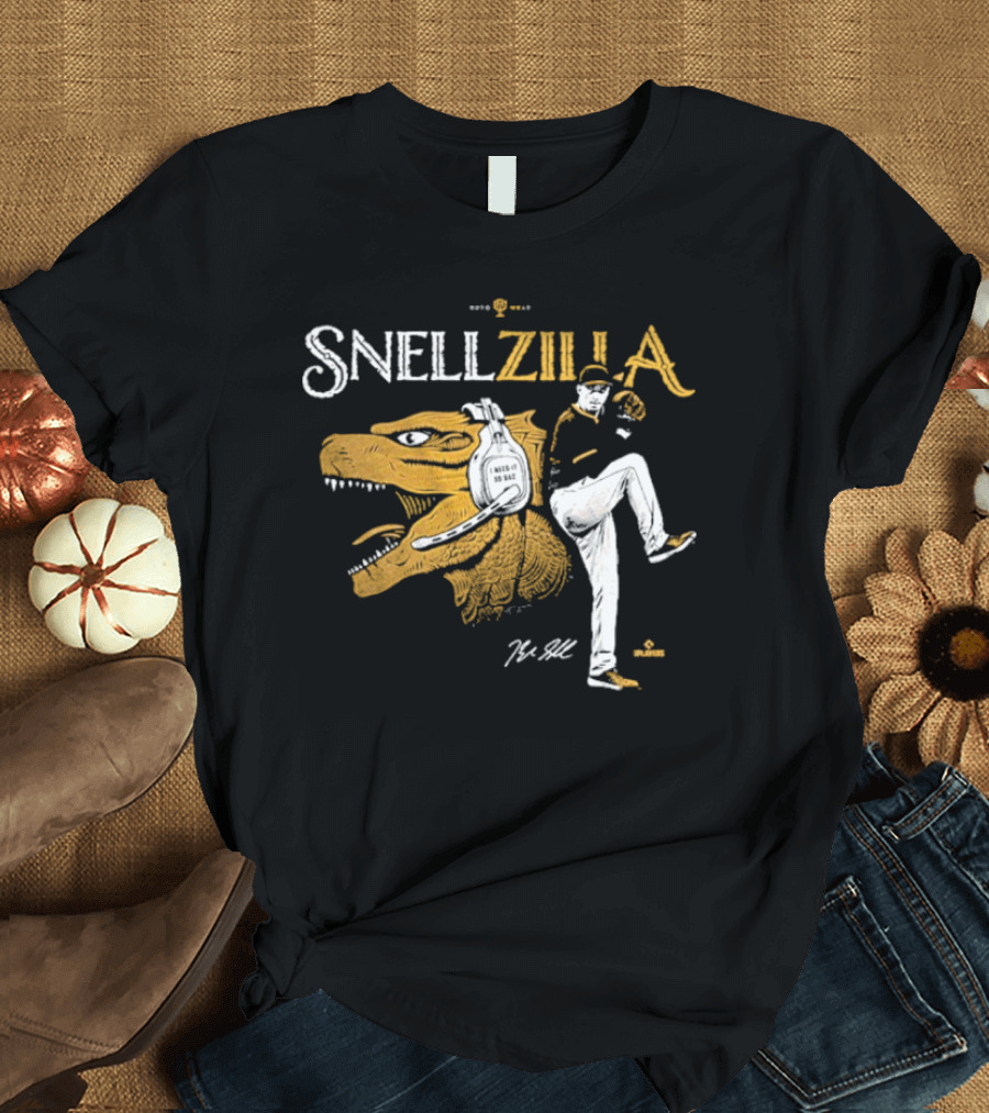 Blake Snell Snellzilla Pitching with Dinosaur Graphic Signature T-Shirt