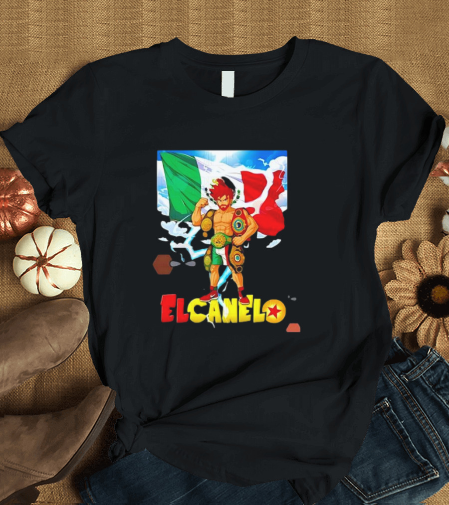 El Canelo Dragon Ball Anime Goku Mexican Flag Boxer Championship Belts T-Shirt