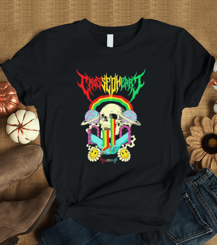 Crossed Heart Skull with Rainbow and Smiley Faces T-Shirt