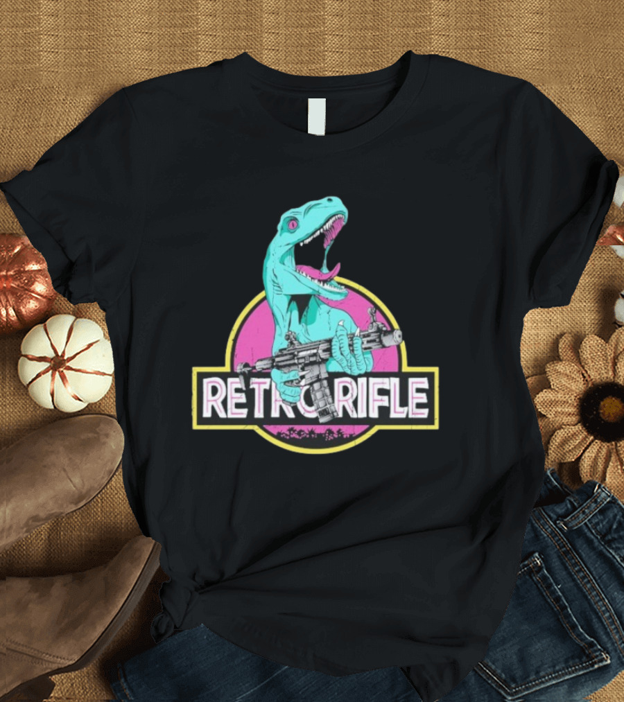 Retro Rifle Dinosaur Holding Gun Vintage Style T-Shirt