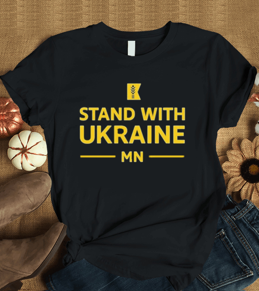 Stand with Ukraine MN Yellow Graphic with State Outline Mark T-Shirt
