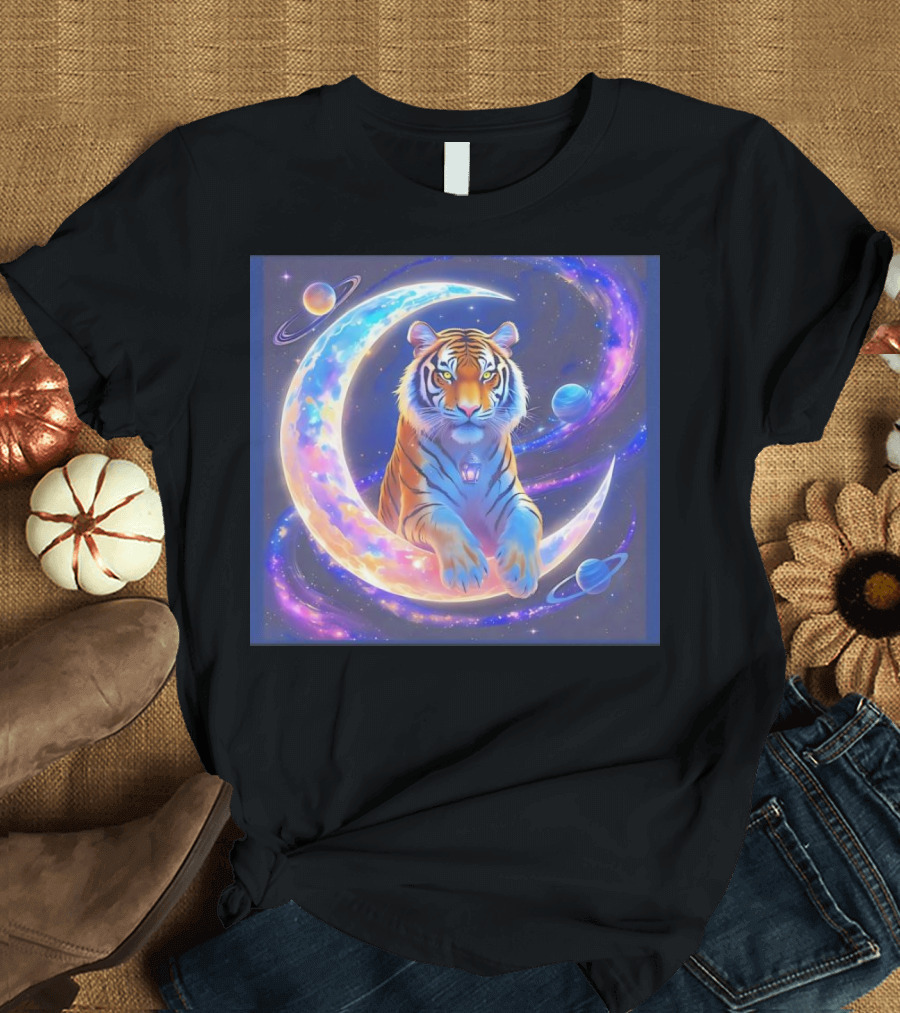 Cosmic Tiger Resting on a Crescent Moon Surrounded by Planets and Stars T-Shirt