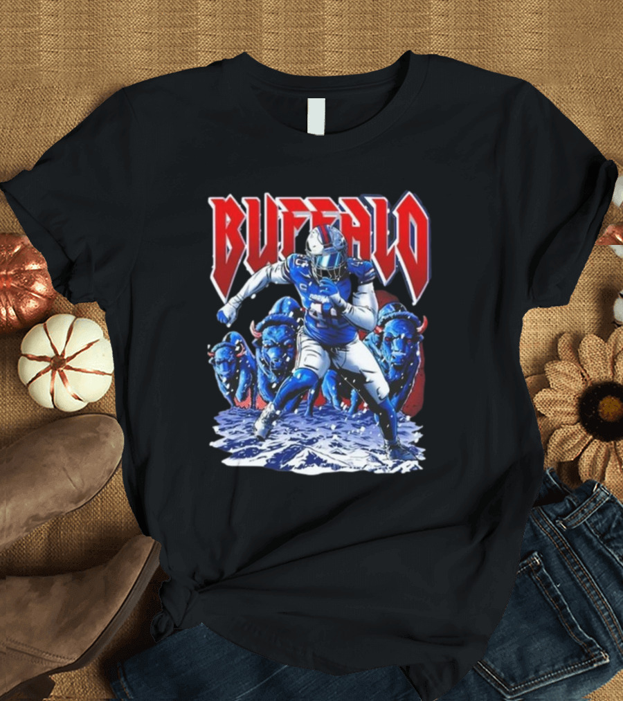 Buffalo Bills Von Miller 2025 Charging Through the Frozen Field with Blue Bison Herd T-Shirt