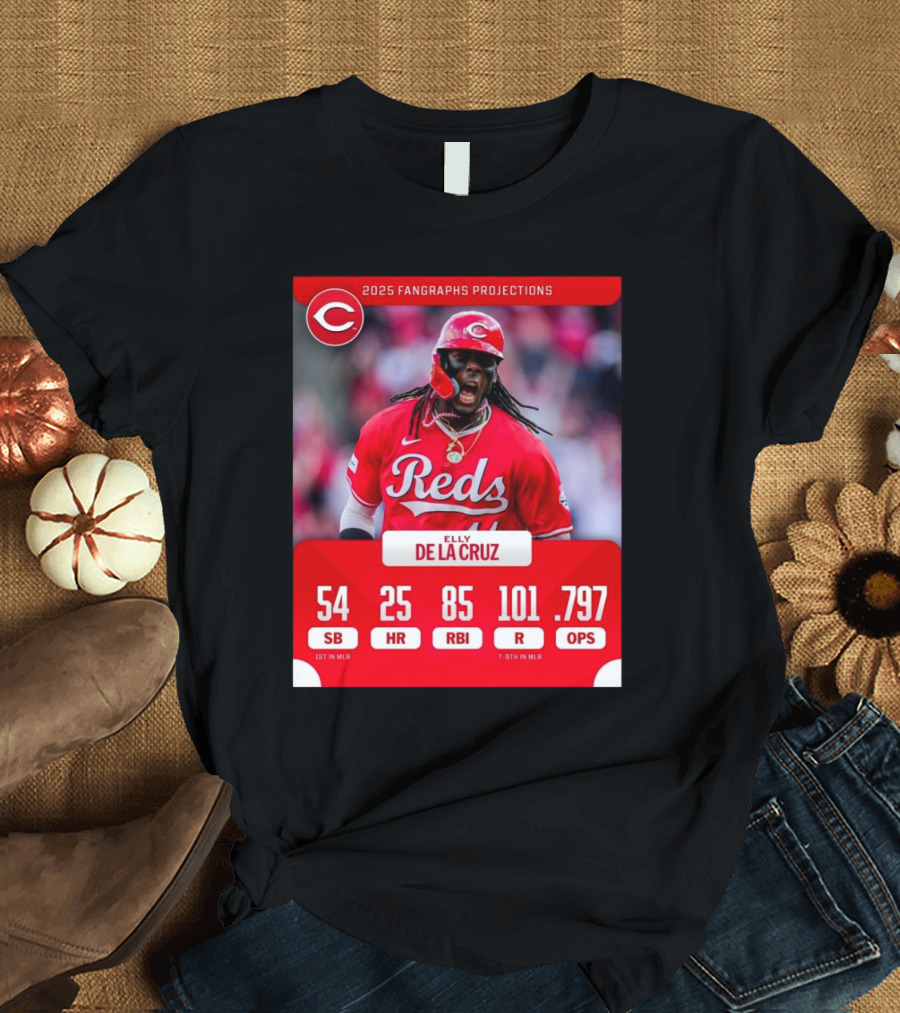 Cincinnati Reds Elly De La Cruz 2025 Fangraphs Projections 54 SB 25 HR 85 RNI T-Shirt