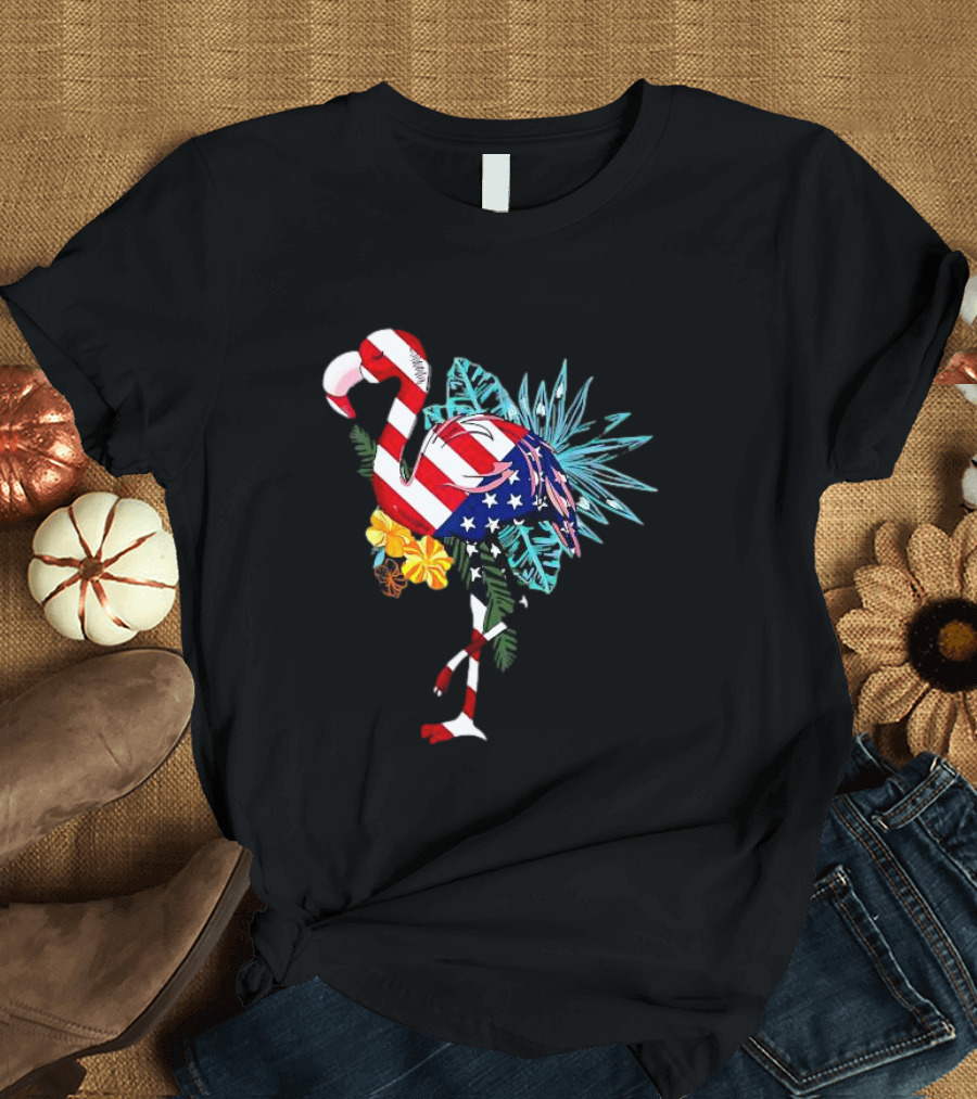 Flamingo American Flag 4th of July Flower T-Shirt
