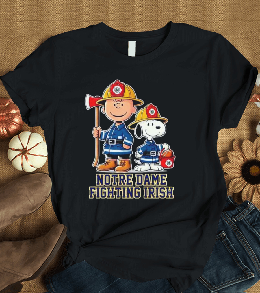 Firefighter Charlie Brown and Snoopy Notre Dame Fighting Irish T-Shirt