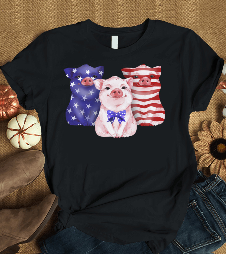 Pig Lover Independence Day USA Flag Stars and Stripes Trio T-Shirt