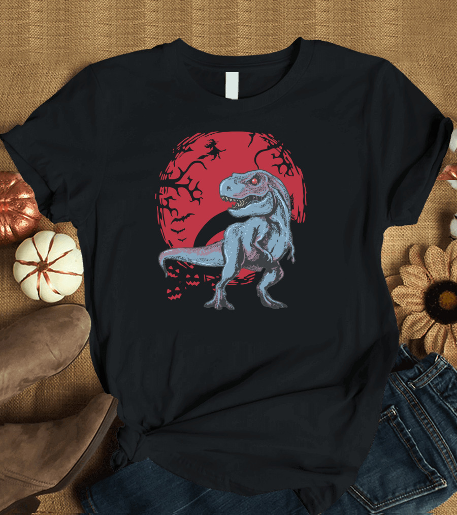 TREX Dinosaur Halloween Moon with Witch and Bats T-Shirt