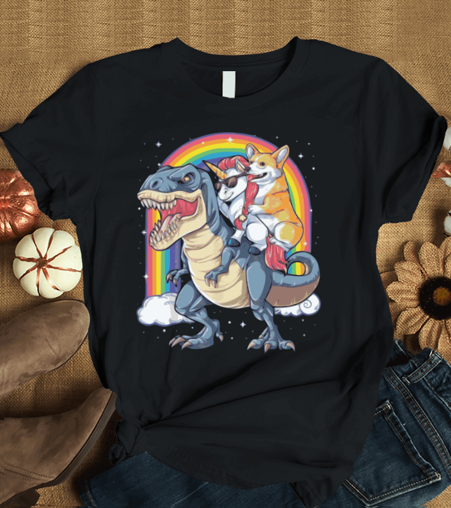Corgi Unicorn with Sunglasses Riding Dinosaur in Front of Rainbow T-Shirt