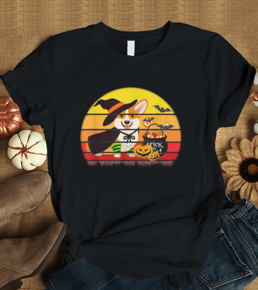 Welsh Corgi Witch with Trick or Treat Bats and Pumpkins Halloween Lover T-Shirt