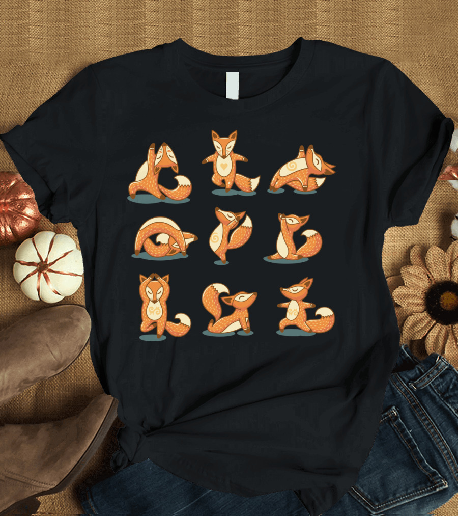 Foxes in Yoga Poses Playful Cartoon T-Shirt