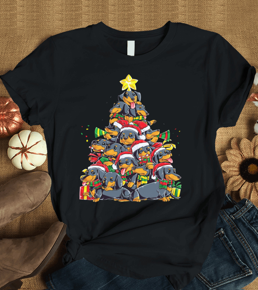 Dachshunds Lover Christmas Tree with Santa Hats and Scarves T-Shirt