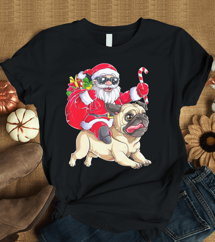 Santa Riding Pug with Candy Cane and Gifts T-Shirt