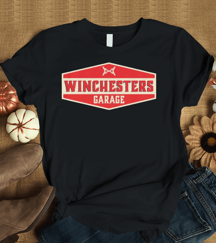 Winchester's Garage Red Hexagonal Shield with Crossed Wrenches T-Shirt