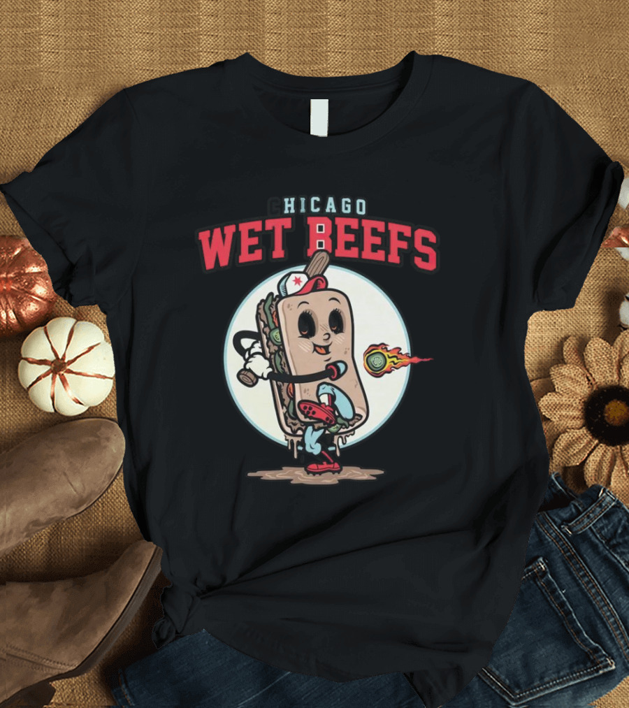 Chicago Wet Beefs Sandwich Character with Baseball Bat and Flaming Baseball T-Shirt