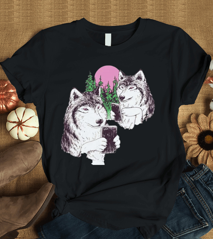 There Are Two Wolves Inside You Both on Smartphones Against a Pink Moon and Pine Trees T-Shirt