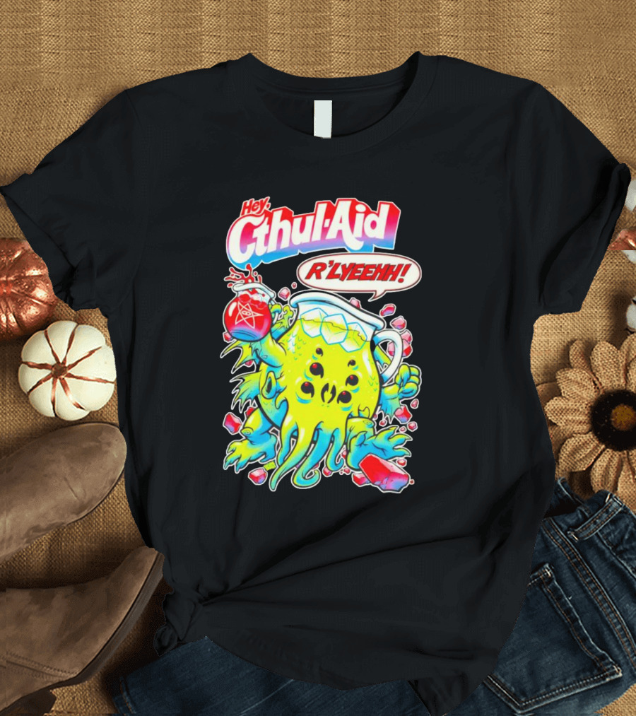 Hey Cthul-Aid R'lyeehh Monster Holding Pentagram Drink with Tentacles T-Shirt