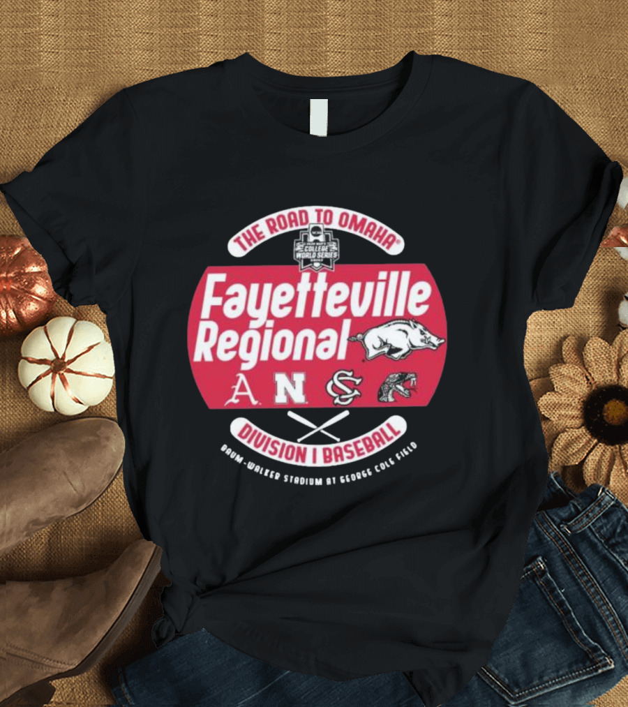 The Road to Omaha Fayetteville Regional Division I Baseball Baum-Walker Stadium at George Cole Field College World Series T-Shirt