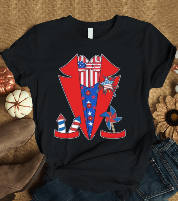 T-Shirt: Patriotic Stars and Stripes Tuxedo with Fireworks and Pinwheel T-Shirt Patriotic Stars and Stripes Tuxedo with Fireworks and Pinwheel T-Shirt