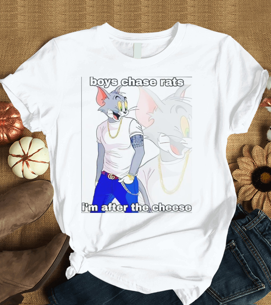 Boys Chase Rats, I'm After the Cheese Cartoon Cat with Gold Chain and Watch T-Shirt