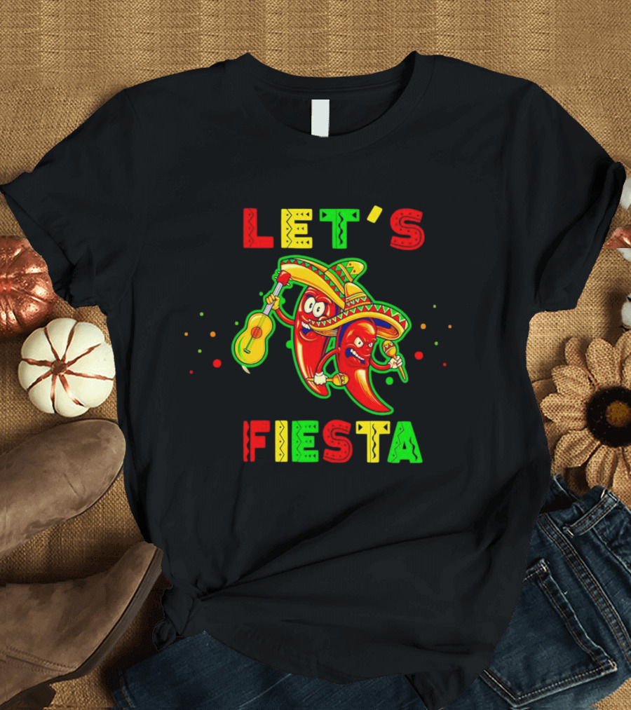 LET’S FIESTA Sombrero Guitar Chilis Cinco de Mayo T-Shirt
