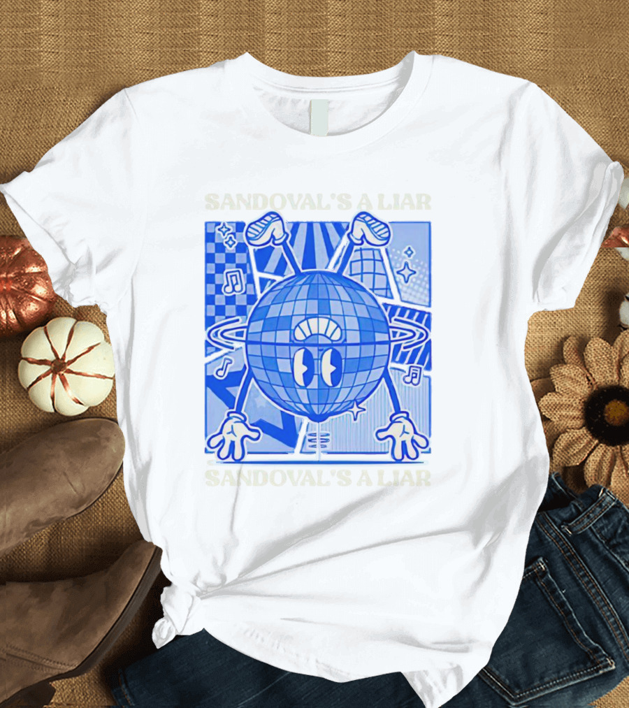 Sandoval's A Liar Blue Globe Cartoon Music Notes Geometric Background T-Shirt