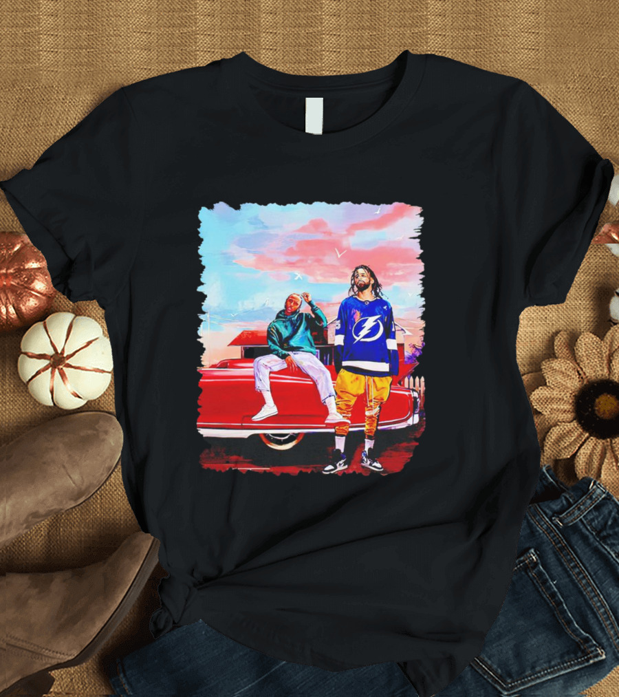 J Cole and Kendrick Lamar Concert with Retro Car and Tampa Bay Lightning Jersey T-Shirt