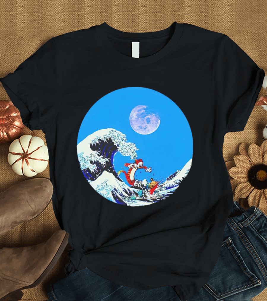 Calvin and Hobbes Lovers Great Wave Moon Adventure T-Shirt