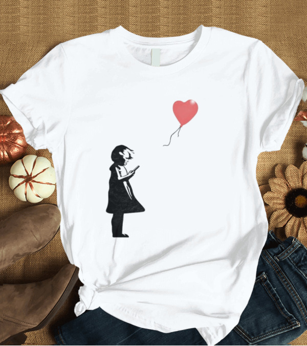 T-Shirt: Girl with Phone Heart Balloon Black Dark Shadow T-Shirt Girl with Phone Heart Balloon Black Dark Shadow T-Shirt