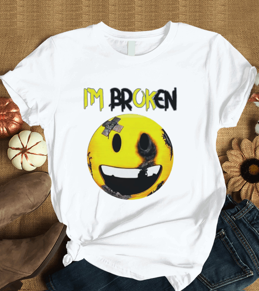 I'M BROKEN Smiley Burned and Patched Emo Smiley Face T-Shirt