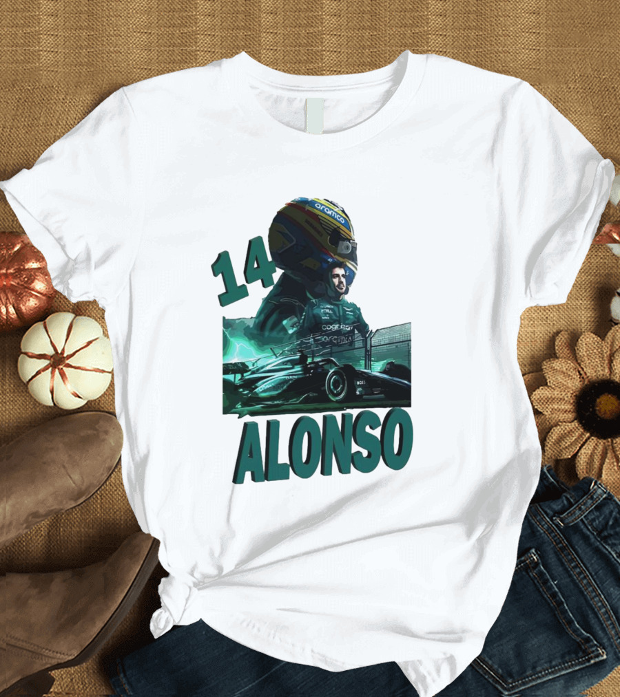 14 Alonso Aramco Racing Helmet and Car T-Shirt