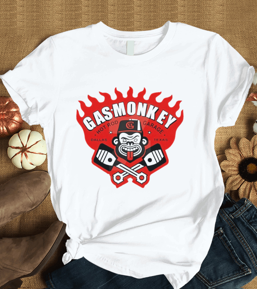 Gas Monkey Hot Rod Garage Dallas Texas Flame Logo Monkey with Pistons T-Shirt