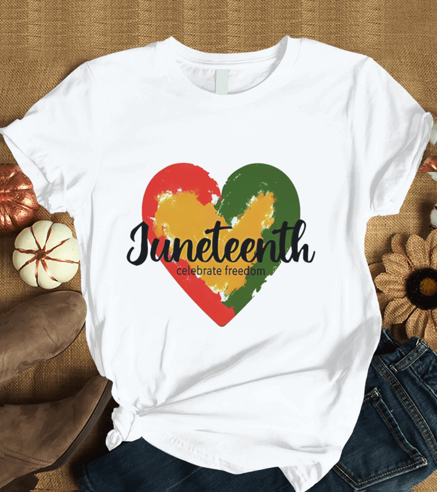 Juneteenth Celebrate Freedom Heart with Red Yellow Green Colors T-Shirt