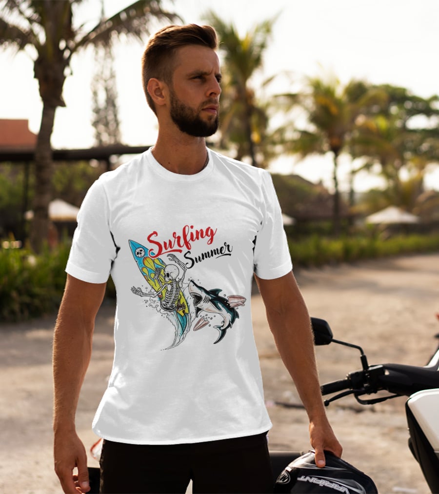 Surfing Summer Skeleton Battling Shark Adventure T-Shirt
