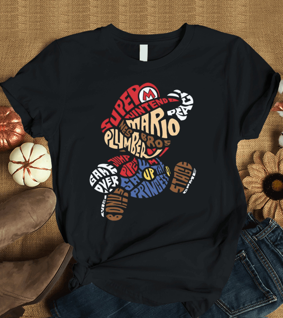 Super Nintendo Mario Bros Plumber Jump Stage Game Typography T-Shirt