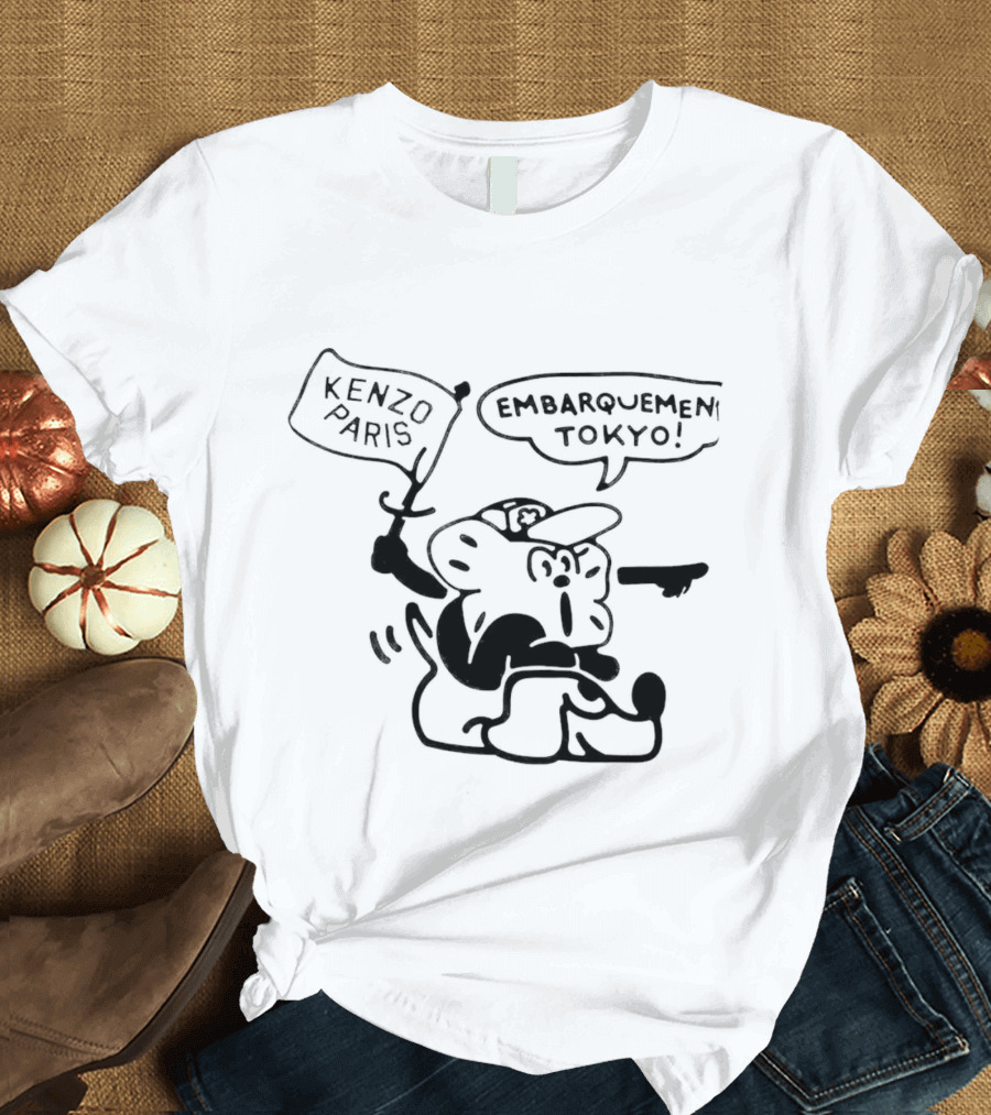 Kenzo Paris Embarquement Tokyo Cartoon Character with Flag T-Shirt
