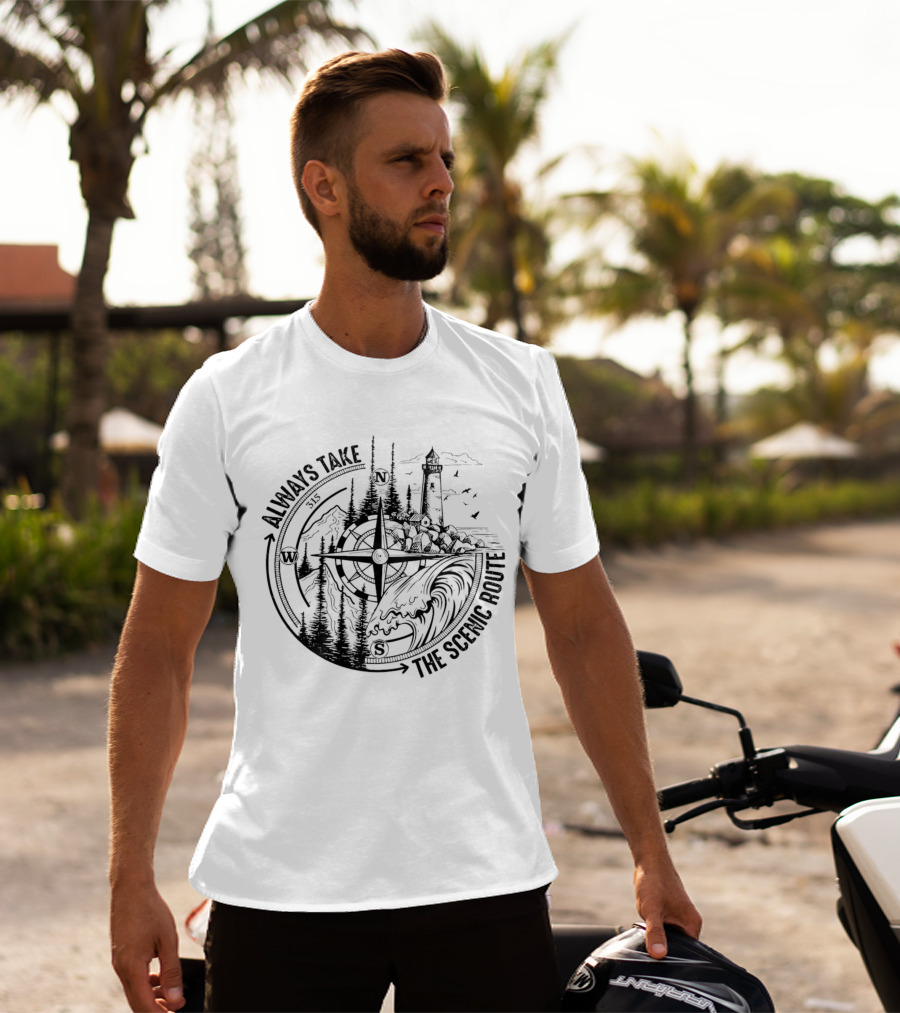 Always Take The Scenic Route Compass Lighthouse Ocean Waves Forest Adventure T-Shirt