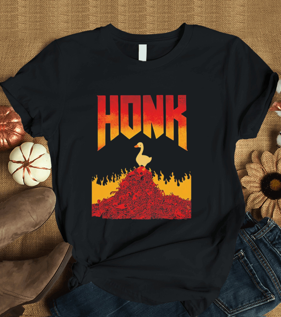 Honk Goose on Fiery Doom Inspired Mountain T-Shirt