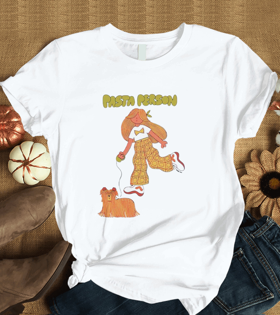 Pasta Person Walking Dog in Checkered Pants and White Sneakers T-Shirt