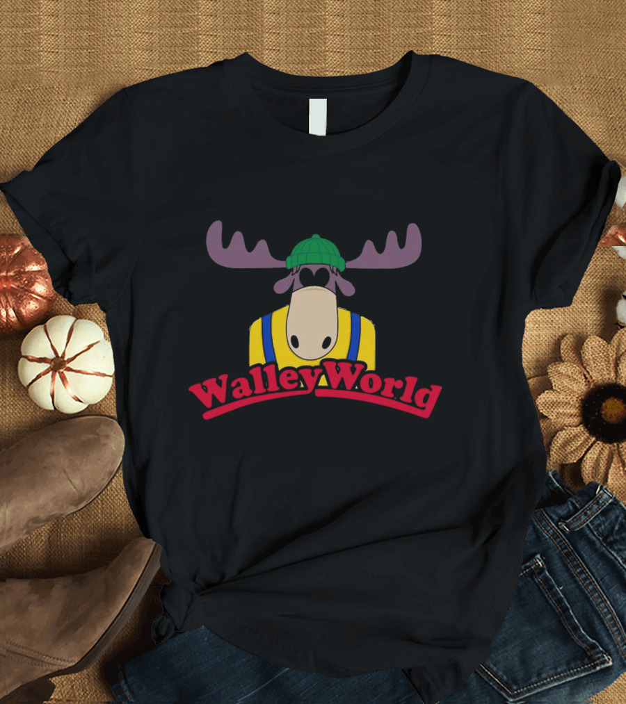 Walley World Moose Cartoon Character in Green Hat and Yellow T-Shirt