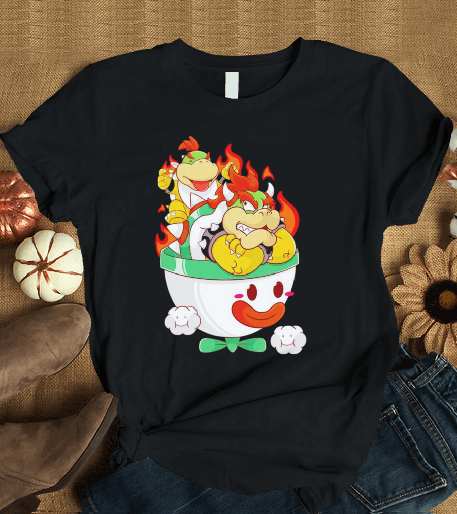 Bowser and Bowser Jr. Father and Son in Clown Car with Flames T-Shirt