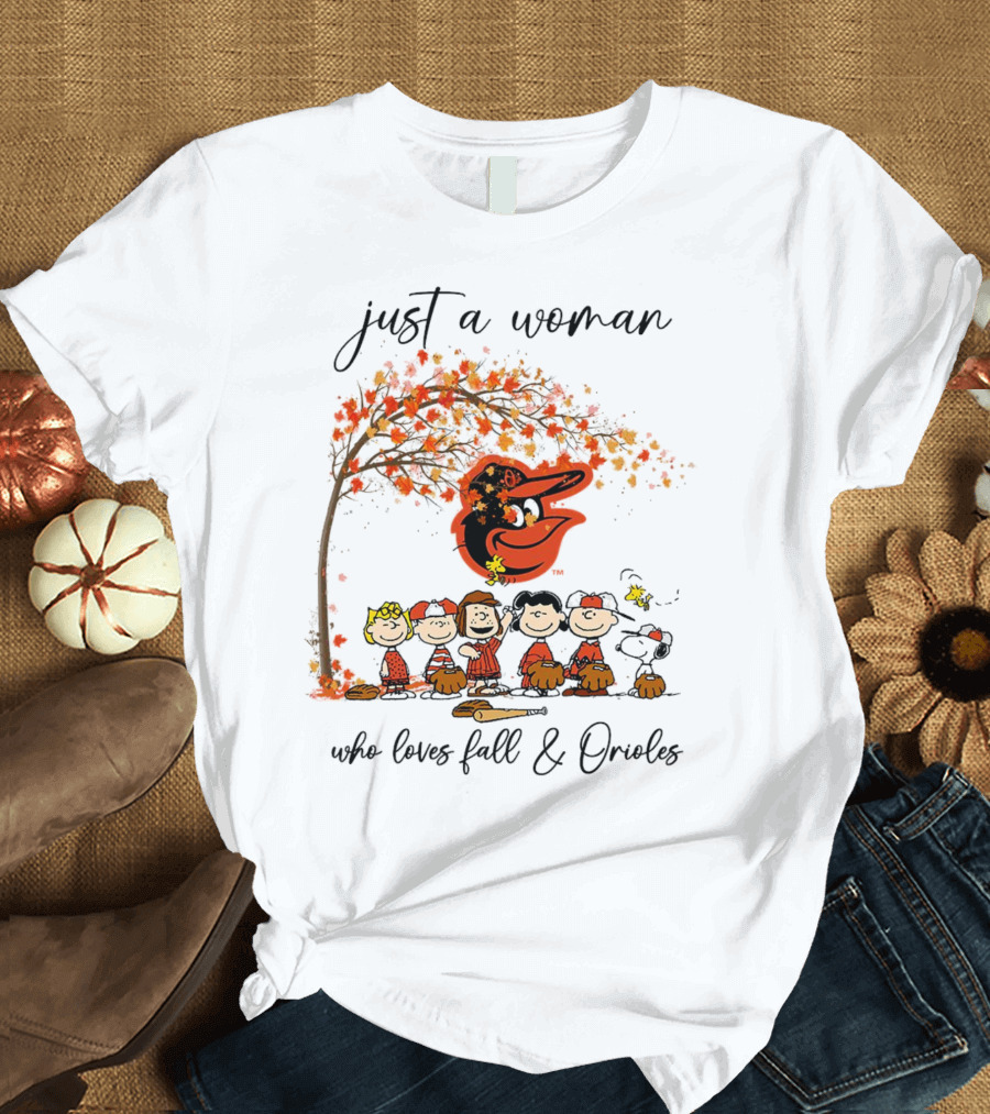 Just a Woman Who Loves Fall and Orioles Peanuts Football Thanksgiving T-Shirt