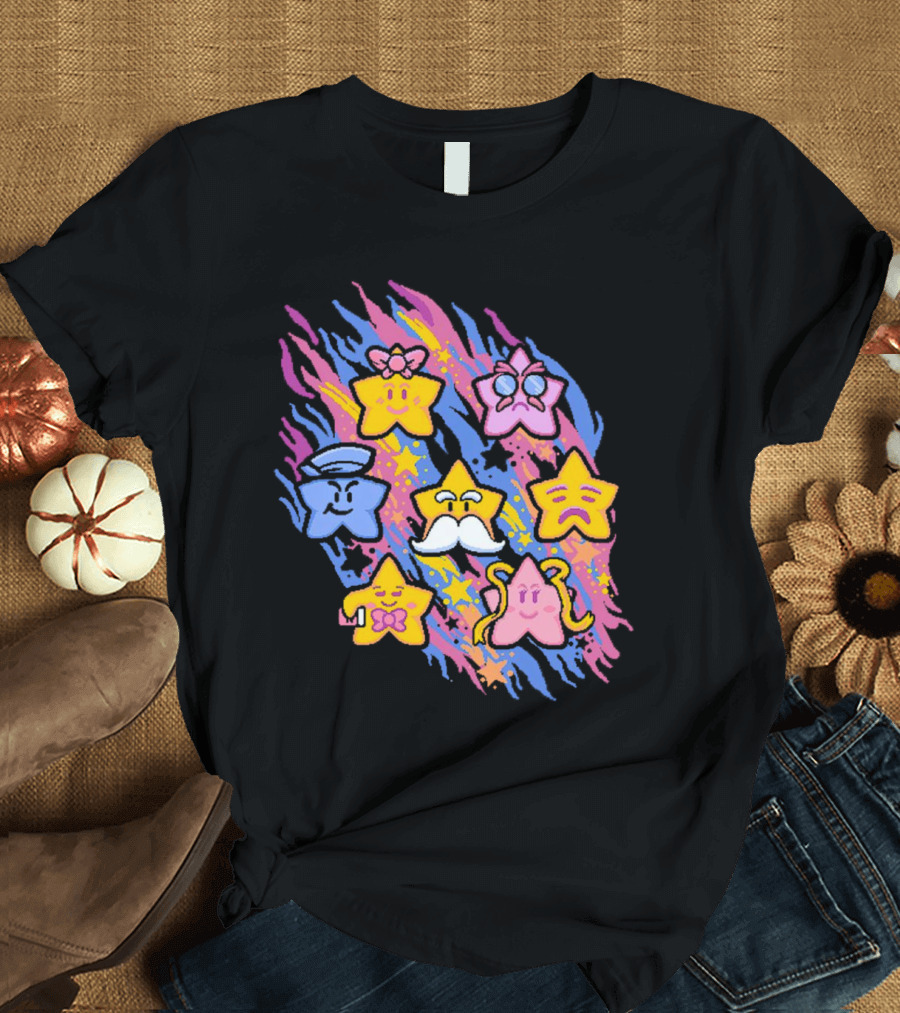 Paper Mario Star Spirits Characters with Colorful Background T-Shirt