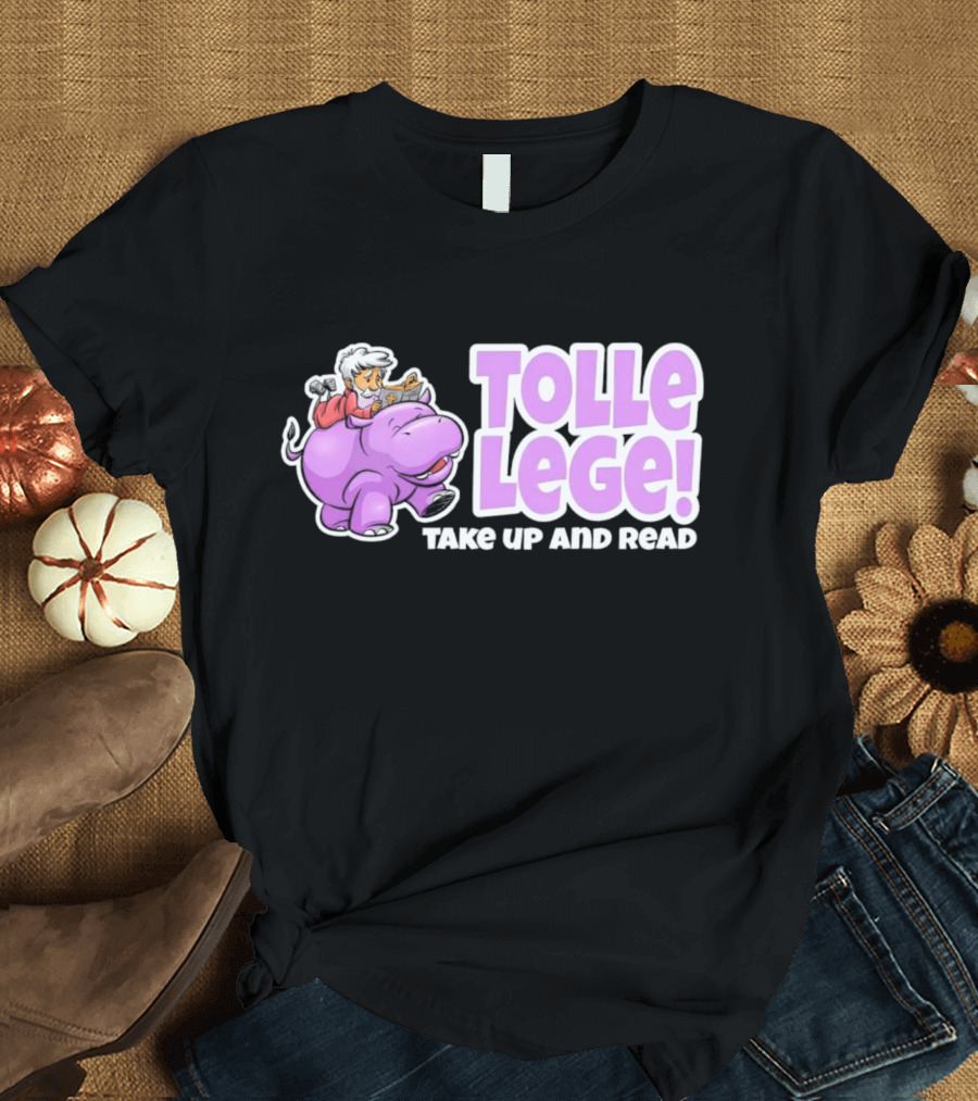 Tolle Lege Take Up And Read Purple Hippo and Child Reading T-Shirt