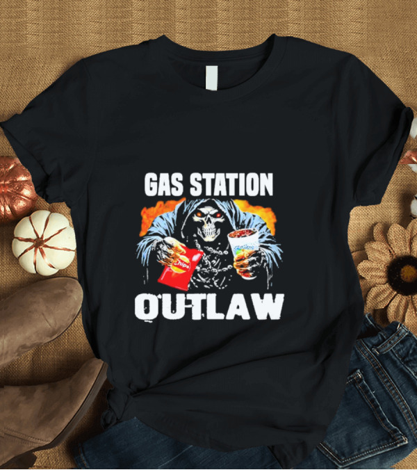 T-Shirt: Gas Station Outlaw Chips Fiery Skull T-Shirt Gas Station Outlaw Chips Fiery Skull T-Shirt