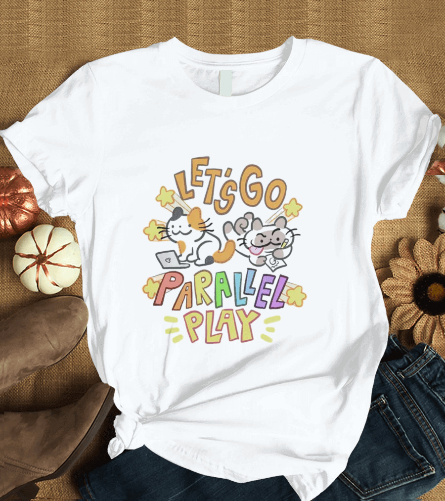 LET'S GO PARALLEL PLAY CUTE CATS WITH STARS AND LAPTOP T-Shirt