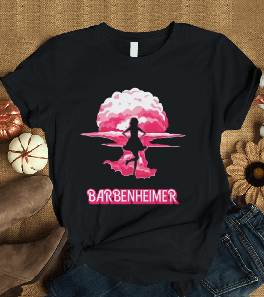 Barbenheimer Fusion Silhouette with Pink Explosion Background T-Shirt