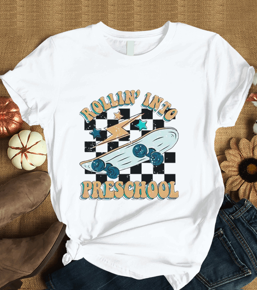 Rollin Into Preschool Skateboard Lightning Stars Checkered Background T-Shirt
