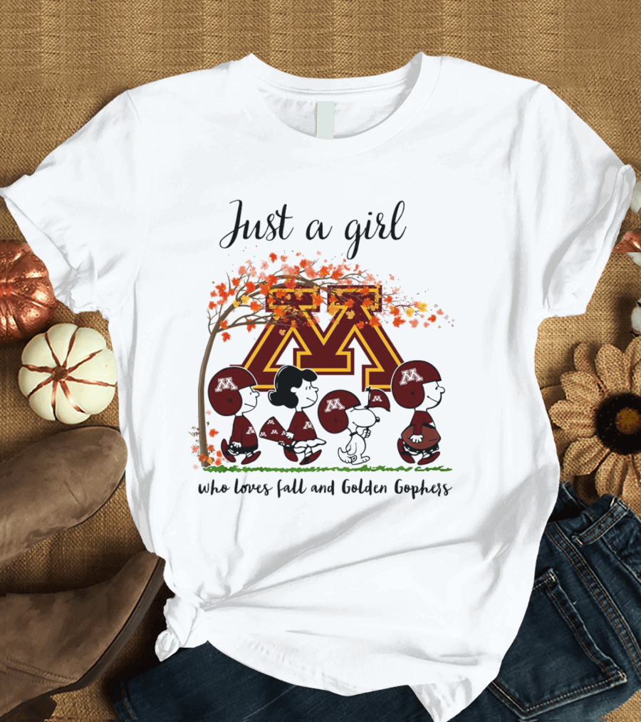 Just A Girl Who Loves Fall and Golden Gophers Peanuts Cartoon T-Shirt